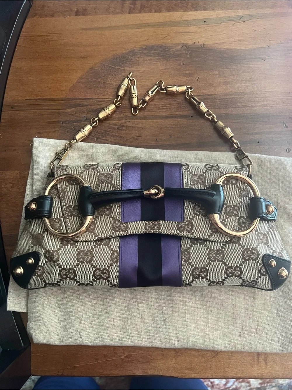 Rare Gucci Vintage Tom Ford era Beige GG Canvas Horsebit bag Clutch with chain